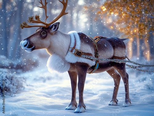 A majestic reindeer standing in a snowy clearing, wearing a jingling harness, ready to pull Santaa??s sleigh into the magical Christmas night. photo