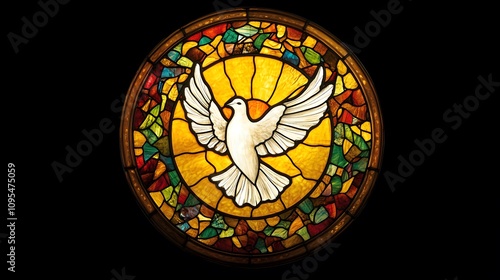 A stained glass window with a white dove in the center, a golden background, and light emanating from the circle around it