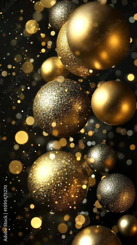 Sparkling golden and silver ornaments floating against a dark background creating a festive atmosphere Sparkling golden and silver ornaments floating against a dark background creating a festive atmosphere