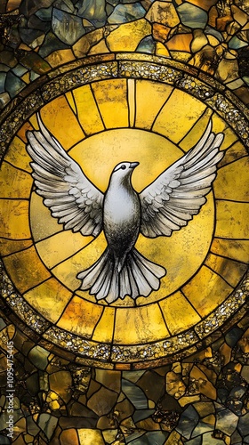 A stained glass window with a white dove in the center, a golden background, and light emanating from the circle around it
