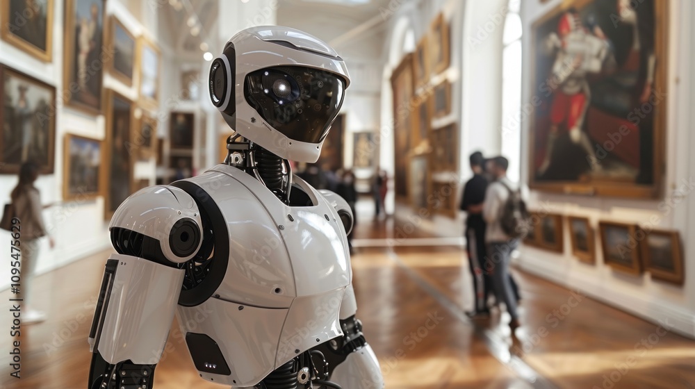 Robot in art gallery, observing paintings and visitors. Robot in art gallery, observing paintings and visitors.