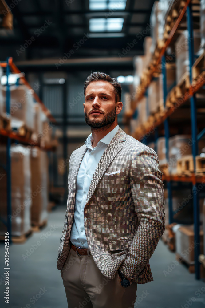 Business Owner Showcases Confidence and Professionalism in Modern Industrial Warehouse Setting Business Owner Showcases Confidence and Professionalism in Modern Industrial Warehouse Setting