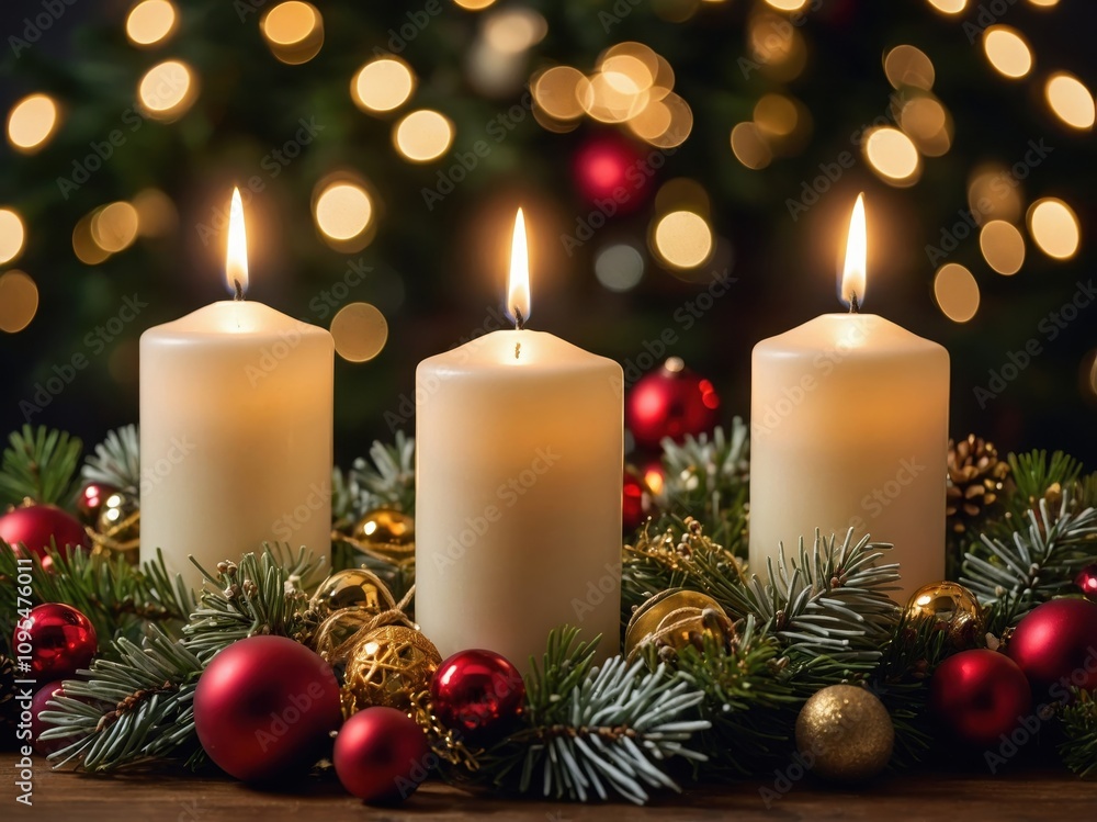 A beautiful Advent candle arrangement with four lit candles, surrounded by festive greenery and ornaments, symbolizing the anticipation of Christmas A beautiful Advent candle arrangement with four lit candles, surrounded by festive greenery and ornaments, symbolizing the anticipation of Christmas
