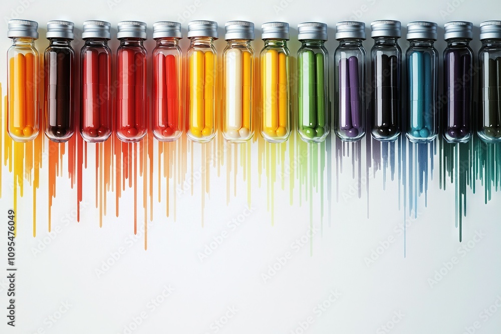   Row of bottles with varying splashes of paint on their tops and bases