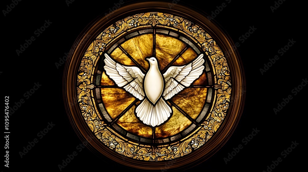 A stained glass window with a white dove in the center, a golden background, and light emanating from the circle around it A stained glass window with a white dove in the center, a golden background, and light emanating from the circle around it