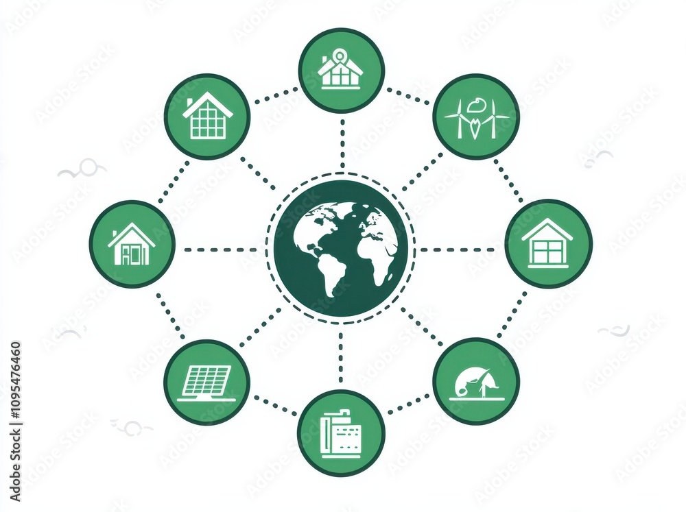 Green network illustration with interconnected sustainable home icons Green network illustration with interconnected sustainable home icons