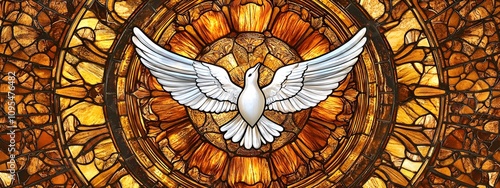 A stained glass window with a white dove in the center, a golden background, and light emanating from the circle around it
