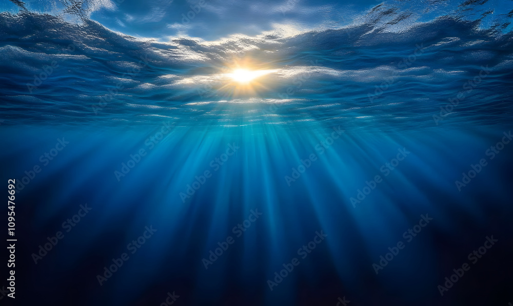 Sunlight streams through the ocean water, illuminating the deep blue depths Sunlight streams through the ocean water, illuminating the deep blue depths