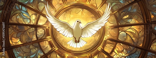 A stained glass window with a white dove in the center, a golden background, and light emanating from the circle around it