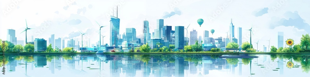 Obraz premium Eco-friendly cityscape with wind turbines and green parks