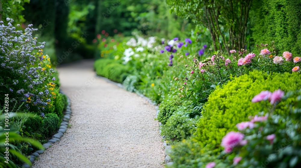 A curved garden path lined with fragrant flowers and lush A curved garden path lined with fragrant flowers and lush