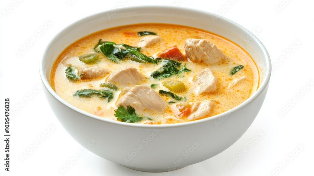 A bowl of creamy coconut curry soup with tender chicken, vegetables, and fragrant spices A bowl of creamy coconut curry soup with tender chicken, vegetables, and fragrant spices