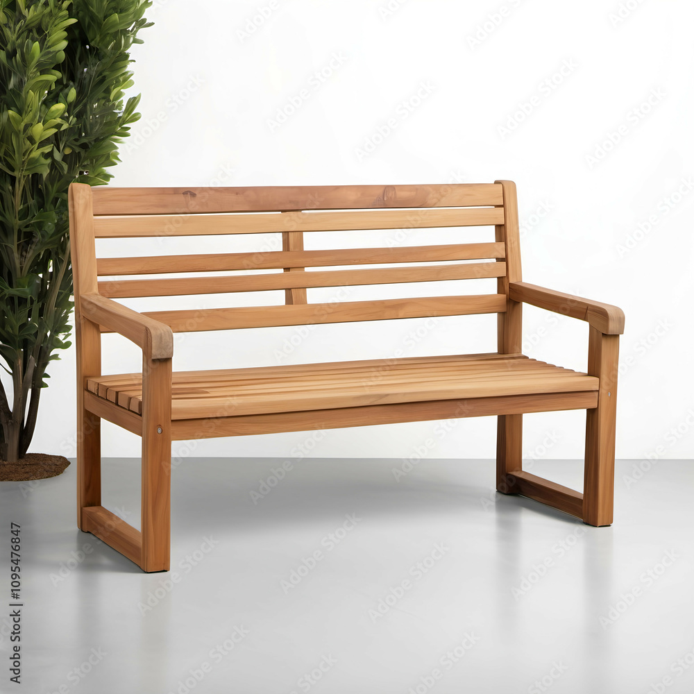 A simple outdoor bench made of solid teak wood, positioned on a plain white background. A simple outdoor bench made of solid teak wood, positioned on a plain white background.
