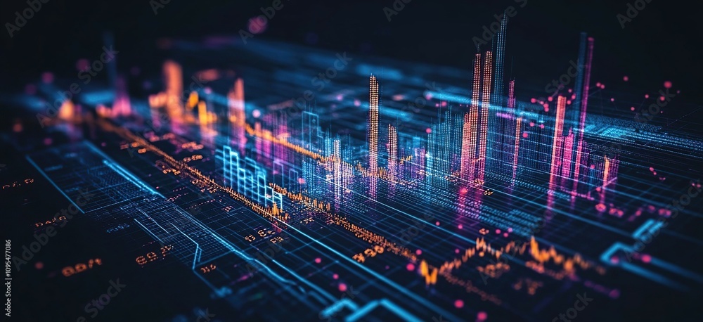 Naklejka premium Abstract digital cityscape, vibrant colors, data visualization, technological progress