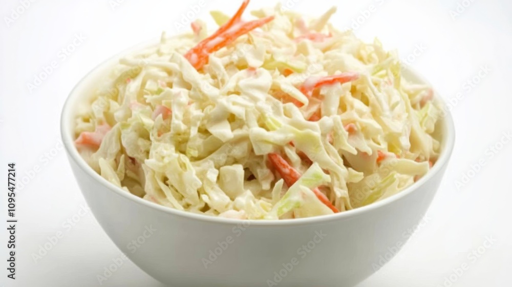A bowl of creamy coleslaw with shredded cabbage, carrots, and a tangy dressing A bowl of creamy coleslaw with shredded cabbage, carrots, and a tangy dressing