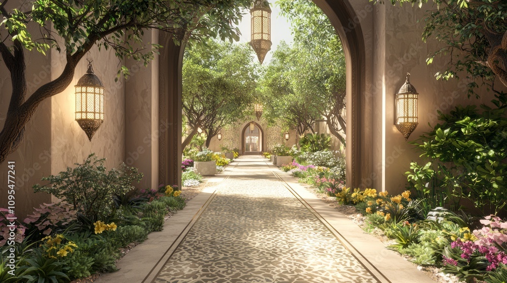 Fototapeta premium Luxurious Arabian Outdoor Pathway in 3D Render - Traditional Lanterns, Colorful Plants, Decorative Tiles in Modern Islamic Design