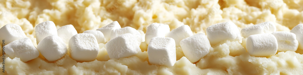 An abstract arrangement of mashed potatoes, surrounded by soft marshmallows. An abstract arrangement of mashed potatoes, surrounded by soft marshmallows.