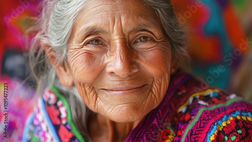 Close-up of an elderly woman with a warm smile, wearing colorful traditional clothing, captured against a vibrant, patterned background.