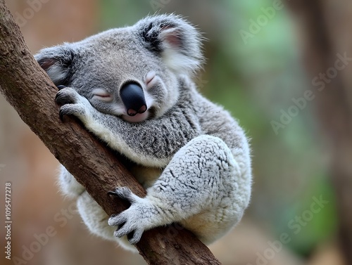 A cute koala bear sleeping on a branch
