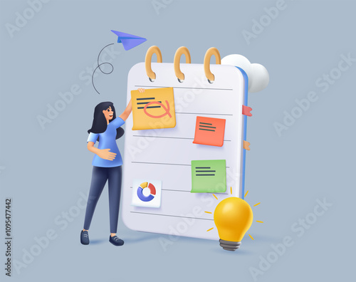 Planning schedule 3D illustration. Characters writing notes and putting stickers on calendar, filling to do list and daily planner. Daily planning concept. Vector illustration 3D style