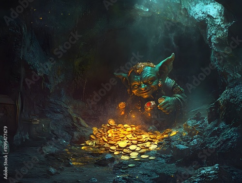 A dark mysterious cave full of shiny gold coins jewels with a goblin