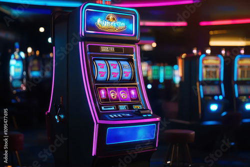 Excitement Builds at the Vibrant Neon Casino With a Jackpot Slot Machine Glowing Under Colorful Lights
