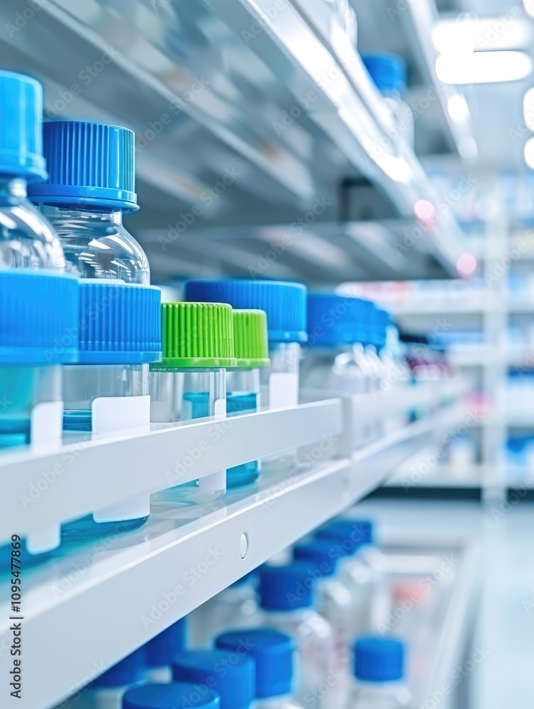 A close-up view of laboratory bottles with colorful caps on shelves, showcasing a clean and organized scientific environment. A close-up view of laboratory bottles with colorful caps on shelves, showcasing a clean and organized scientific environment.