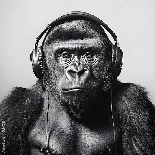 gorilla wearing headphones photo