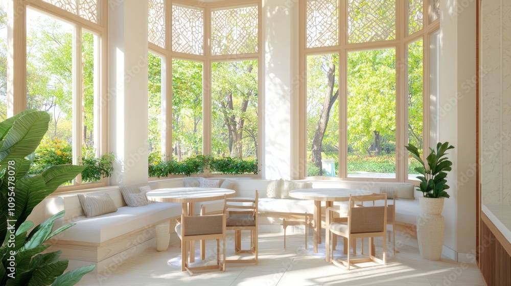 Obraz premium Luxurious Modern Arabian Islamic Interior Design 3D Render of Inviting Breakfast Nook in Modern Kitchen with Large Windows and Comfortable Seating