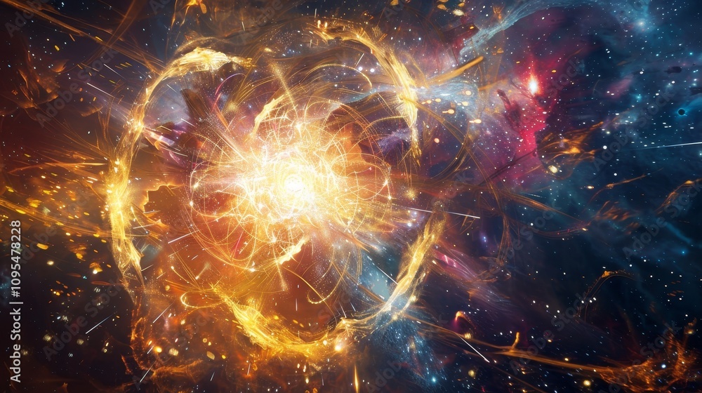 Stunning representation of an atom illuminated by cosmic energy amidst a star filled galaxy Stunning representation of an atom illuminated by cosmic energy amidst a star filled galaxy