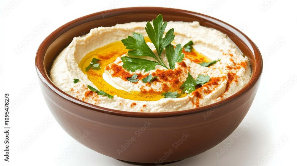 A bowl of creamy hummus garnished with olive oil, paprika, and a sprinkle of parsley A bowl of creamy hummus garnished with olive oil, paprika, and a sprinkle of parsley