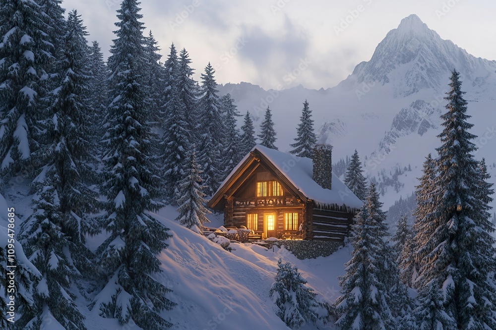 Fototapeta premium A cozy mountain cabin surrounded by snow-covered pine trees, with warm light glowing from inside, creating a perfect winter retreat.