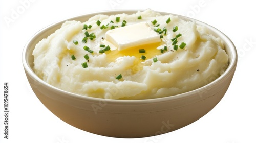 A bowl of creamy mashed potatoes topped with a pat of melting butter and a sprinkle of chives, Each spoonful offering a smooth and rich texture, A comforting side dish that's perfect for any meal