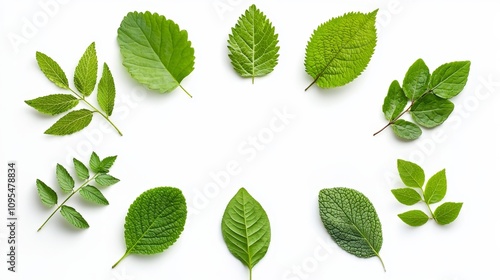 Isolated Collection of Various Green Leaves Displayed on White Background from Top View, Perfect for Nature and Botanical Themes