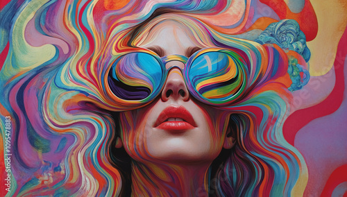 Colorful abstract portrait of a woman with vibrant sunglasses reflecting psychedelic patterns