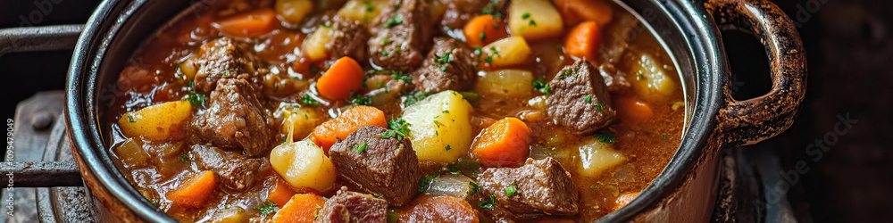 A bubbling pot of beef stew, with tender vegetables and hunks of meat, on a worn enamel potbelly stove in a rustic kitchen. A bubbling pot of beef stew, with tender vegetables and hunks of meat, on a worn enamel potbelly stove in a rustic kitchen.