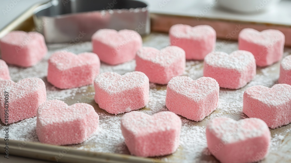 Heart-shaped marshmallows arranged for baking with a gentle light on a white surface Heart-shaped marshmallows arranged for baking with a gentle light on a white surface