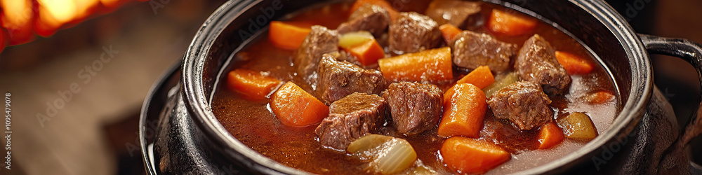 A bubbling pot of beef stew, with tender vegetables and hunks of meat, on a worn enamel potbelly stove in a rustic kitchen. A bubbling pot of beef stew, with tender vegetables and hunks of meat, on a worn enamel potbelly stove in a rustic kitchen.