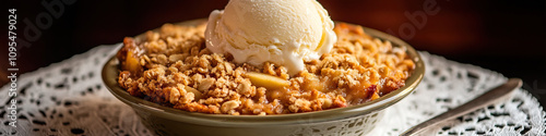 A decadent apple crisp topped with vanilla ice cream, artfully arranged on a vintage lace doily.