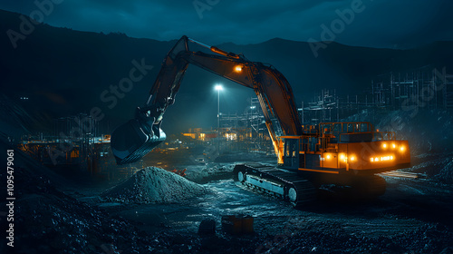 Large Excavator at Nighttime Construction Site Illuminated by Artificial Lighting, Operating Amidst Scaffolding and Hilly Terrain photo