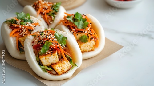 Korean style tofu and salad bao buns topped with red chilli on a clean marble kitchen surface