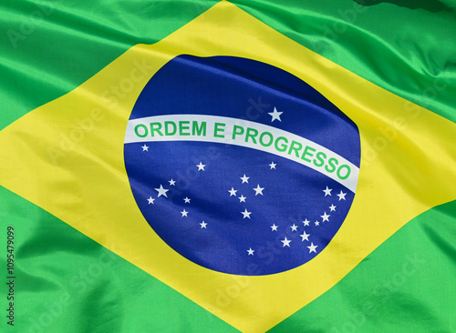 Fotografía Close-up of the national flag of Brazil ,fluttering in the wind with folds, wave