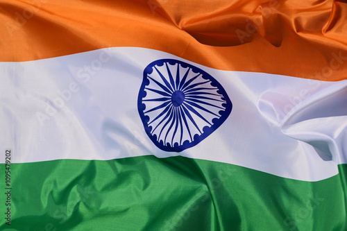 Close-up of the national flag of India,fluttering in the wind with folds, wave pattern