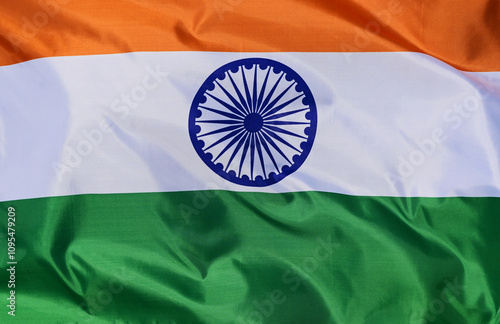 Close-up of the national flag of India,fluttering in the wind with folds, wave pattern