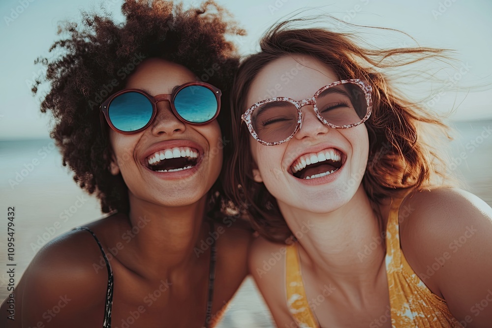 Two cheerful young girlfriends are having a good time on the beach and laughing. Two cheerful young girlfriends are having a good time on the beach and laughing.