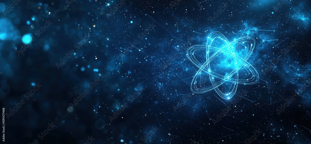 Obraz premium Blue digital background featuring a glowing atomic structure in space