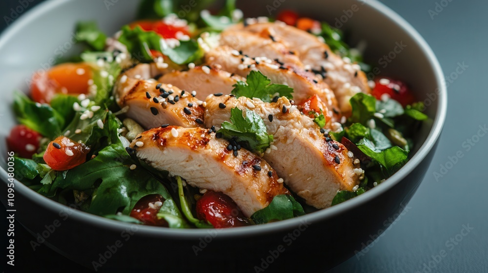 Delicious homemade Asian cranberry chicken salad with vibrant toppings in an elegant composition Delicious homemade Asian cranberry chicken salad with vibrant toppings in an elegant composition