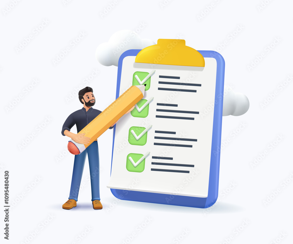 Businessman filling out the checkbox form. Man holding pencil and mark the document check boxes, management. Student takes the exam, education concept. Vector 3D illustration in realistic style Businessman filling out the checkbox form. Man holding pencil and mark the document check boxes, management. Student takes the exam, education concept. Vector 3D illustration in realistic style