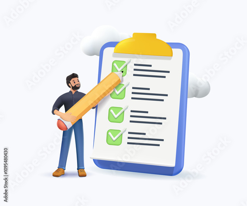 Businessman filling out the checkbox form. Man holding pencil and mark the document check boxes, management. Student takes the exam, education concept. Vector 3D illustration in realistic style