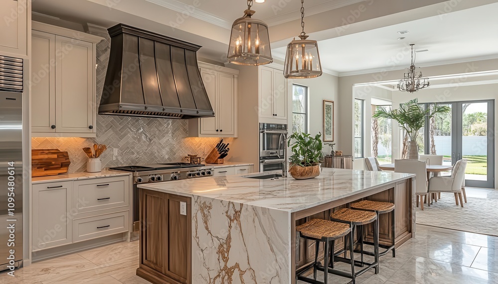 Fototapeta premium Upscale kitchen with marble island and matte finish appliances